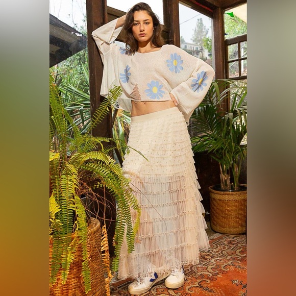 Long Sleeve Distressed Flower Print Knit Top - POL - Picture 6 of 7